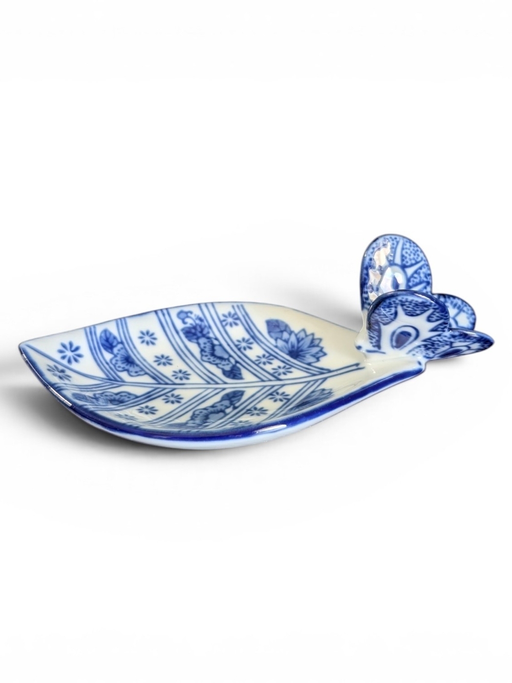 Vintage Bombay Company Blue White Butterfly Leaf Trinket Tray Ceramic Dish